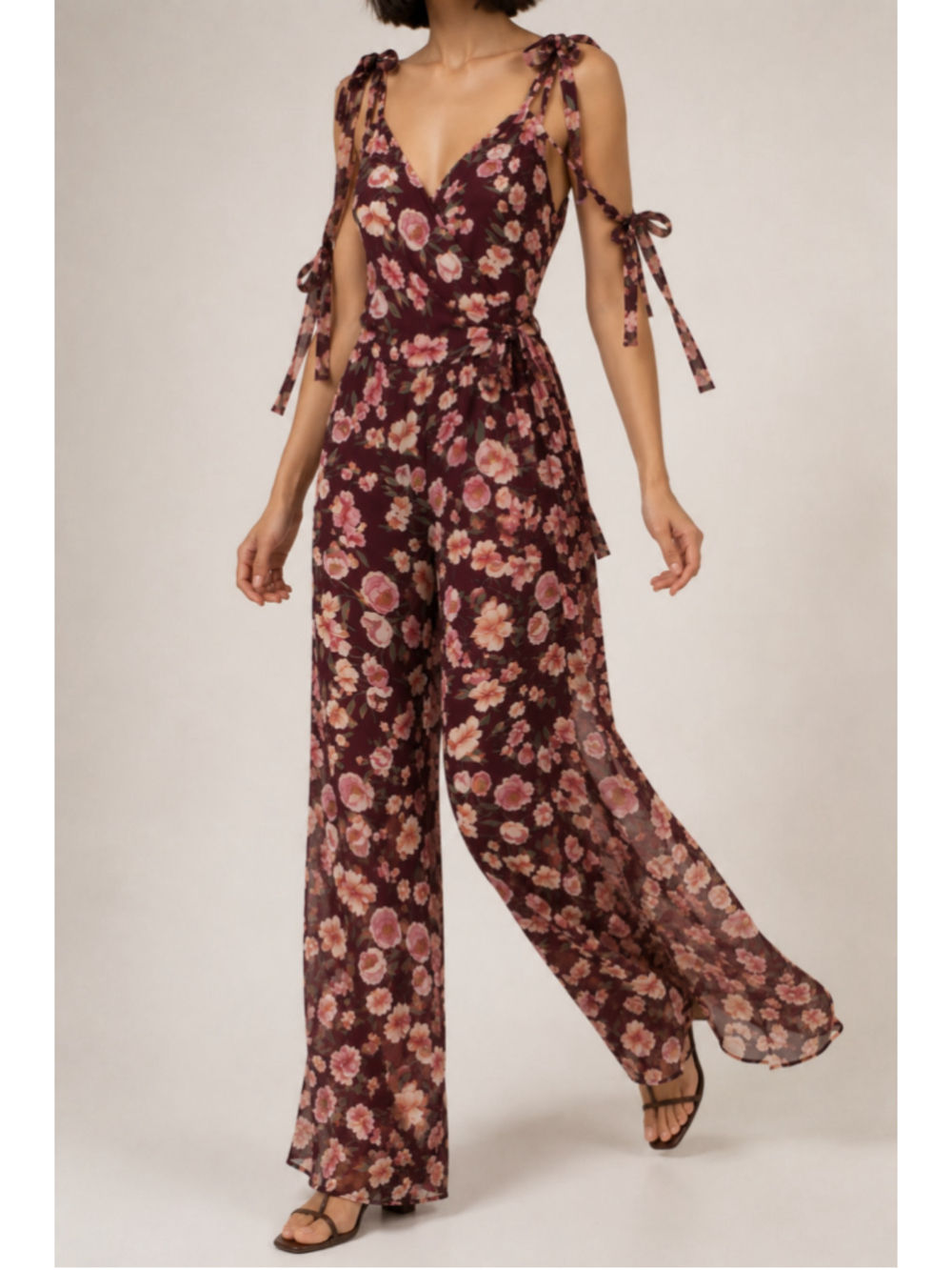 We Are Kindred Floral Chiffon Wide Leg Jumpsuit Burgundy Tie Shoulder NWT Sz 8